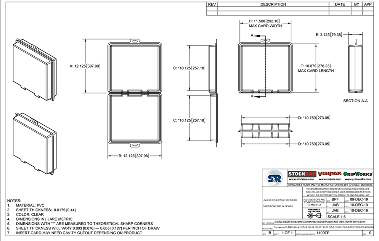 1100TF - Stock Clamshell Packaging Technical Drawing