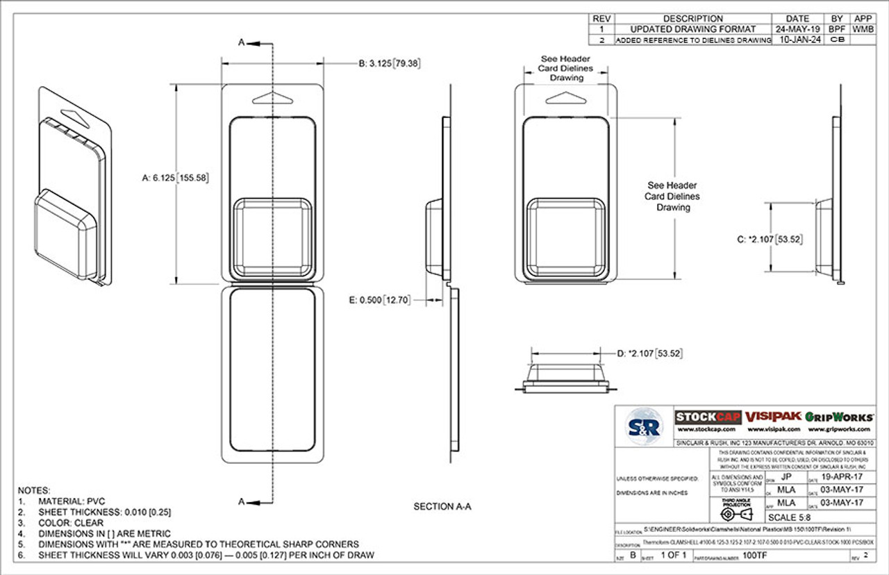100TF - Stock Clamshell Packaging Technical Drawing