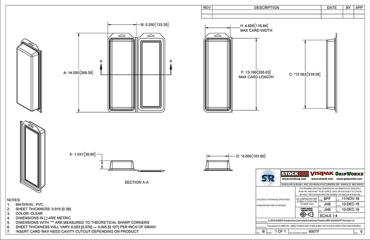 600TF - Stock Clamshell Packaging Technical Drawing