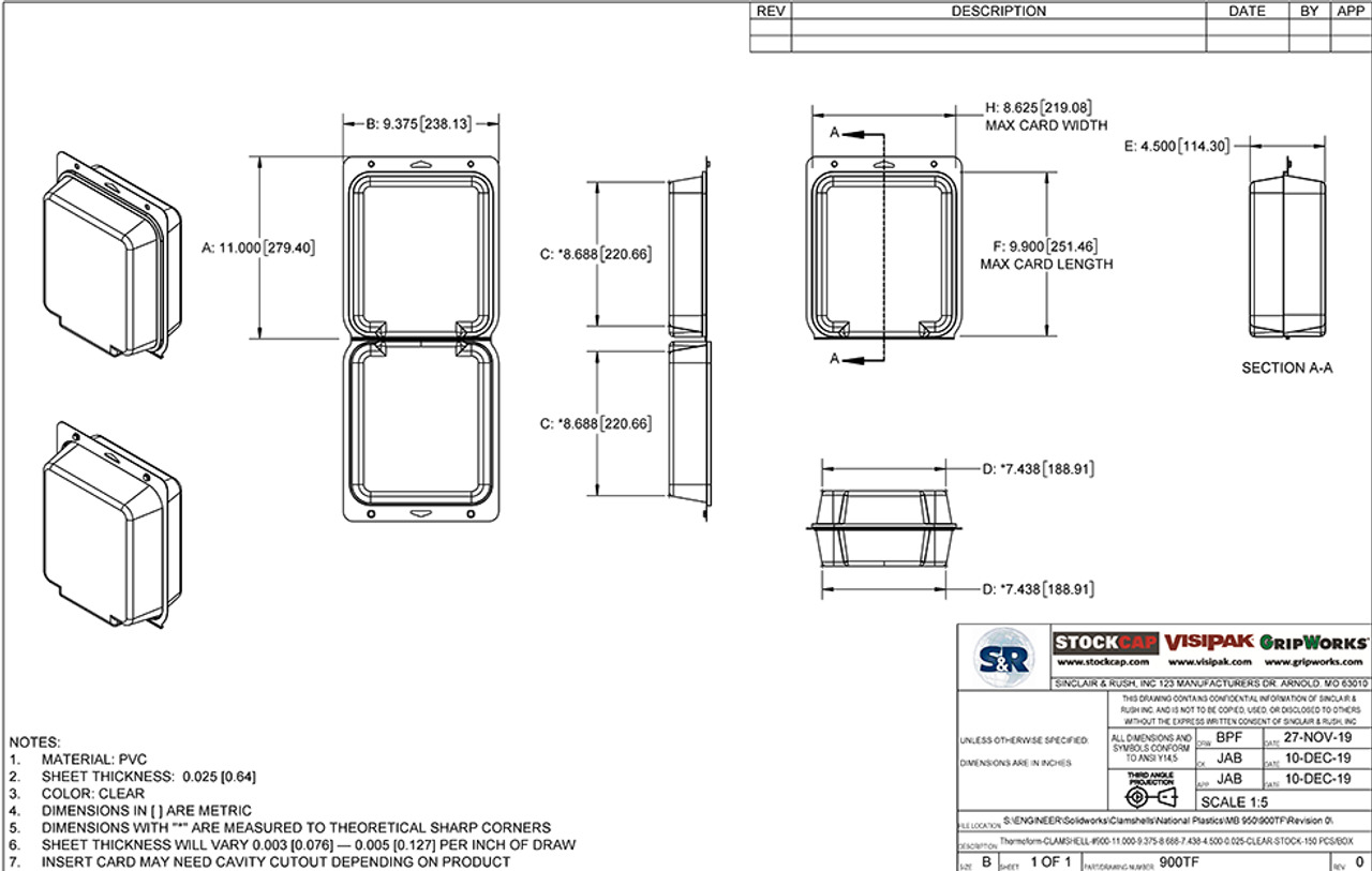 900TF - Stock Clamshell Packaging Technical Drawing