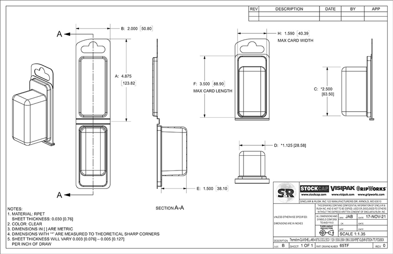 65 TF - Stock Clamshell Packaging Technical Drawing