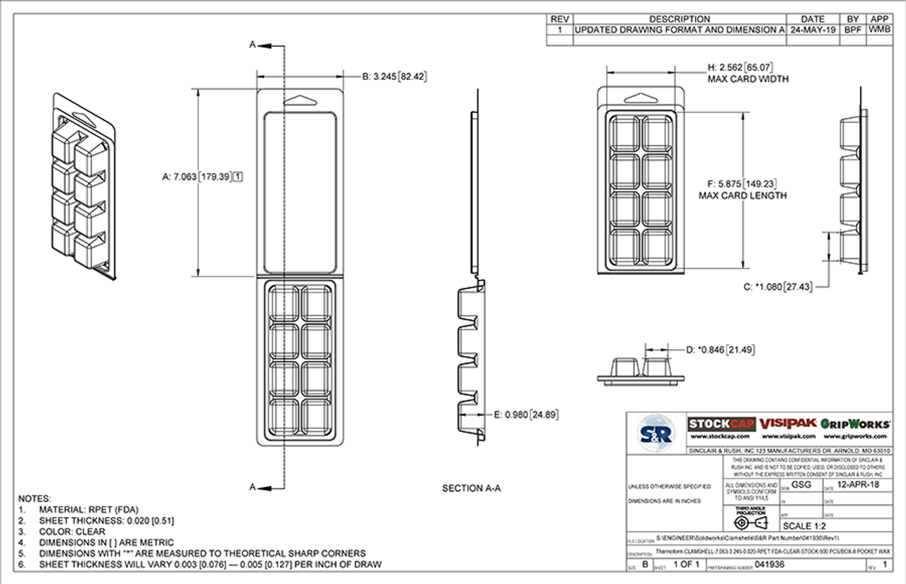 8-pocket Clamshell Packaging Technical Drawing